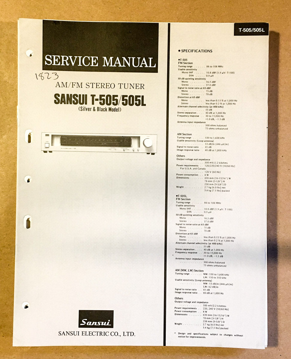 Sansui T-505 T-505L Tuner Service Manual *Original*