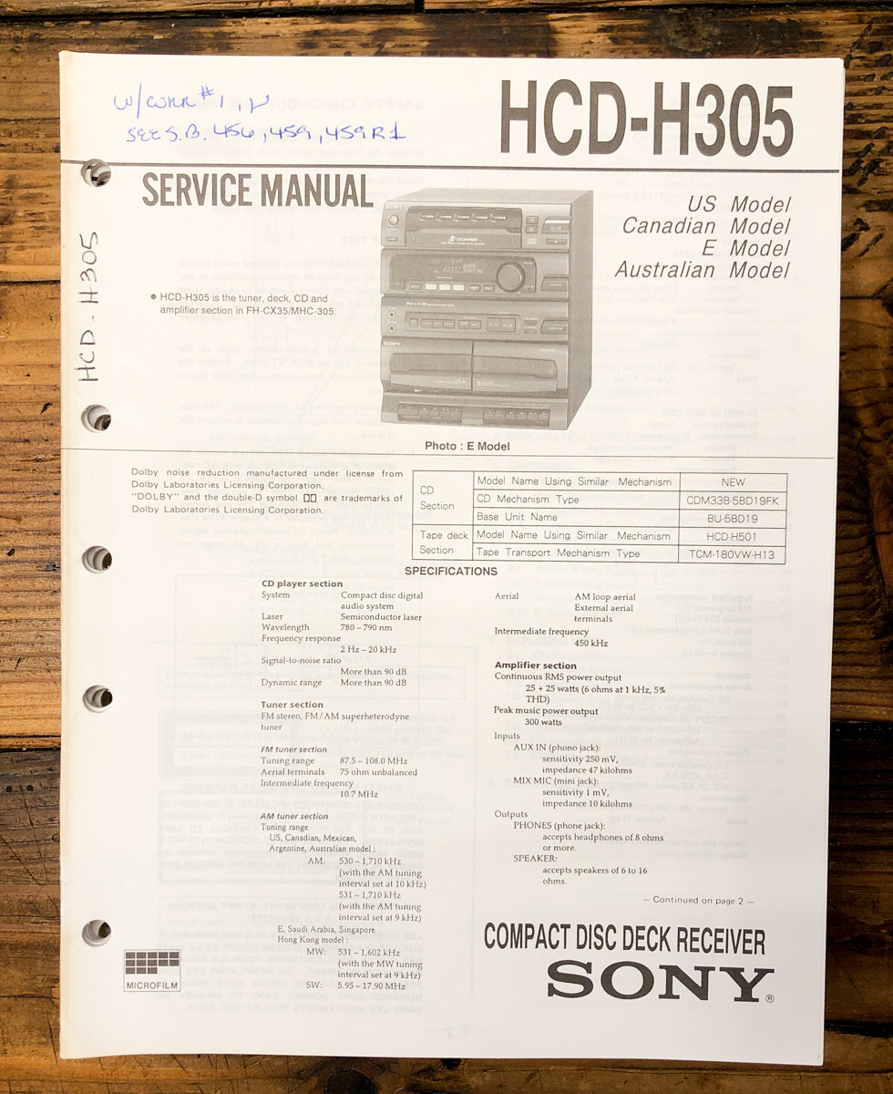 Sony HCD-H305 Stereo Service Manual *Original*