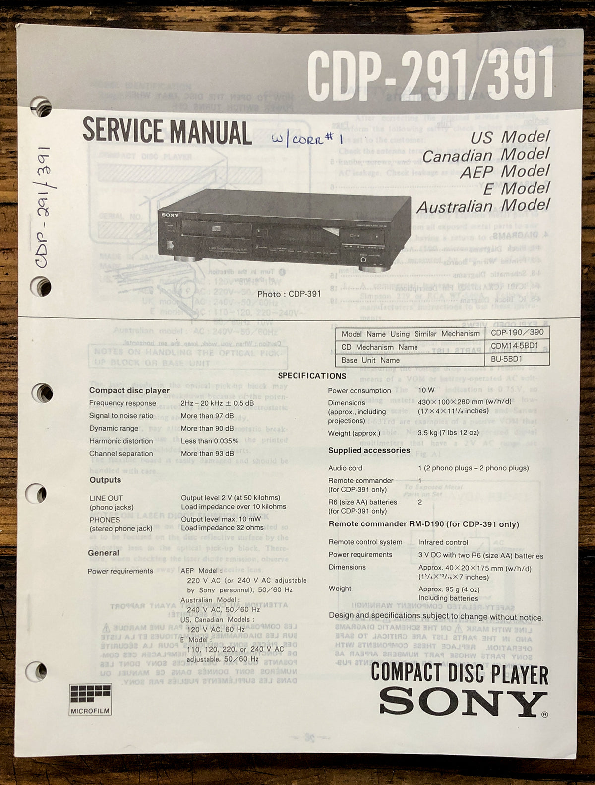 Sony CDP-291 CDP-391 CD Player Service Manual *Original*