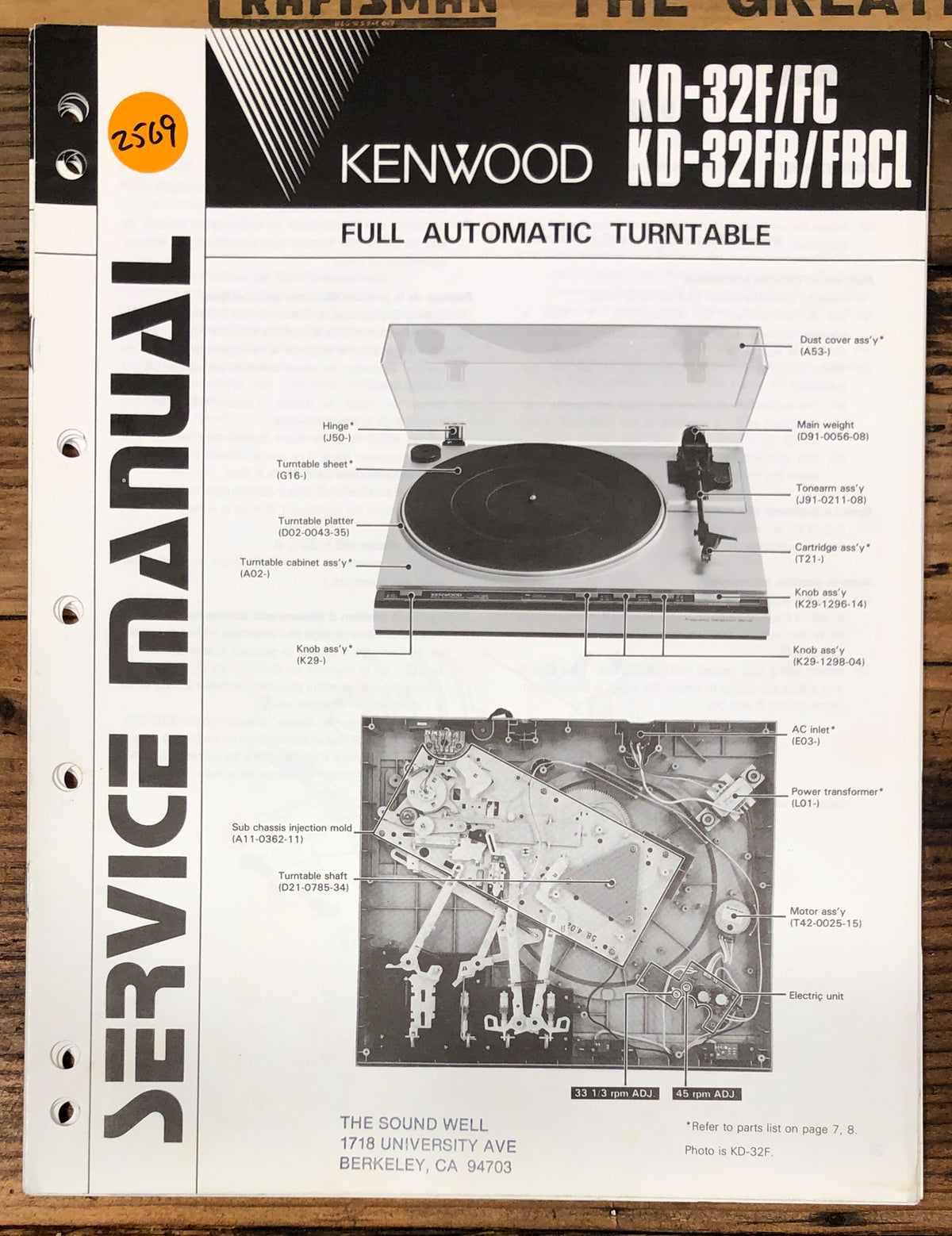 Kenwood KD-32F -32FC -32FB Turntable Service Manual *Original*