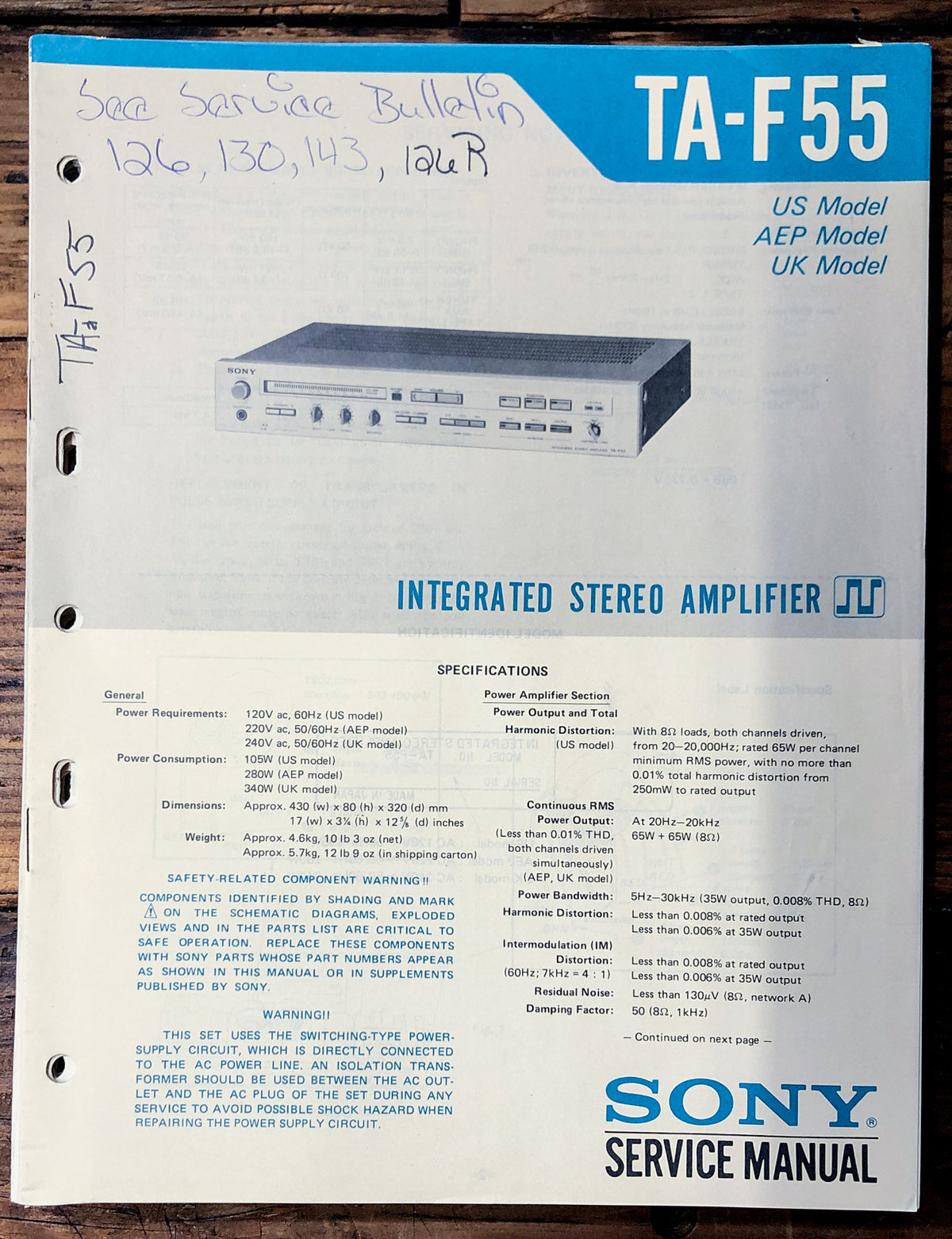 Sony TA-F55 Amplifier Service Manual *Original*