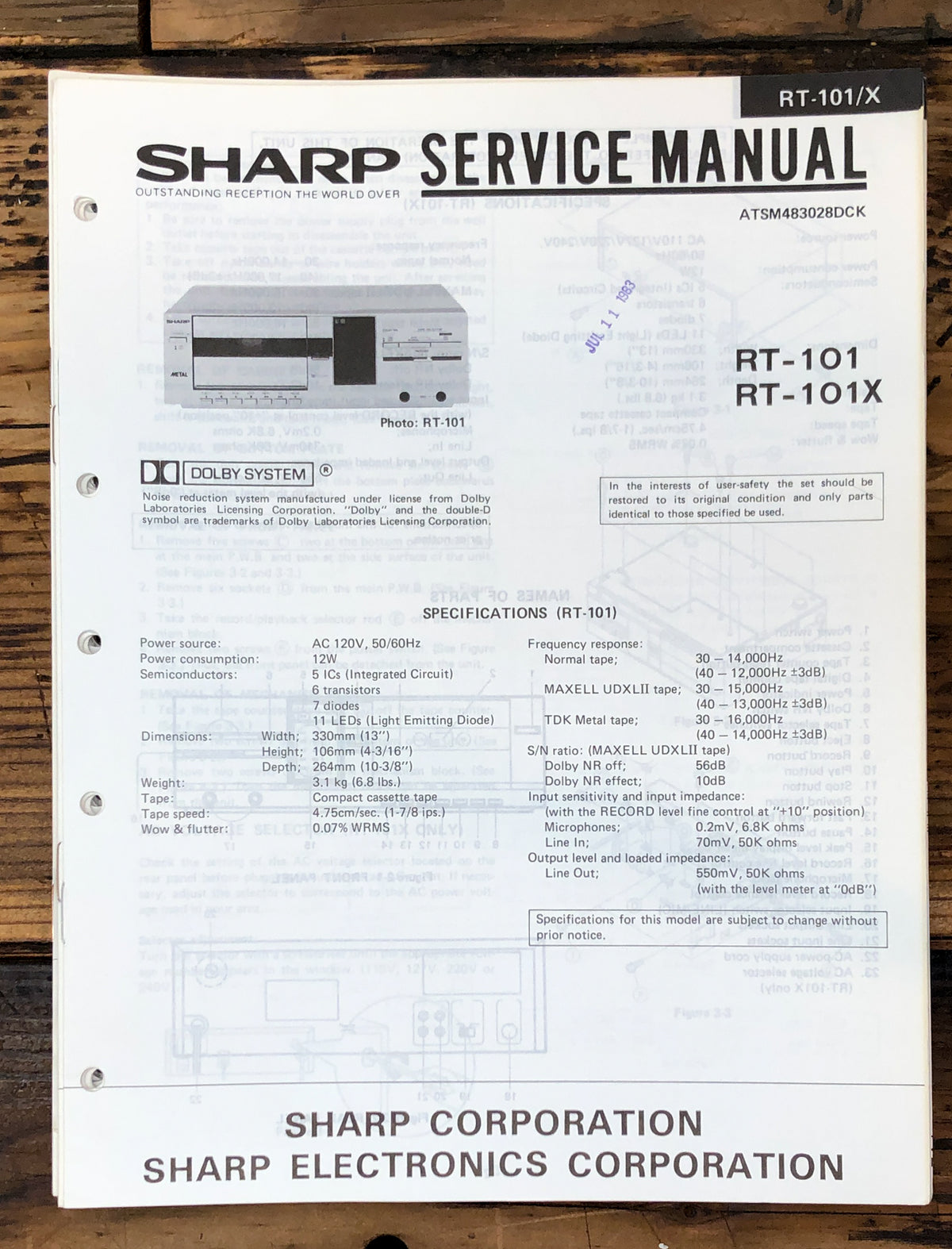 Sharp RT-101 RT-101X Cassette Service Manual *Original*