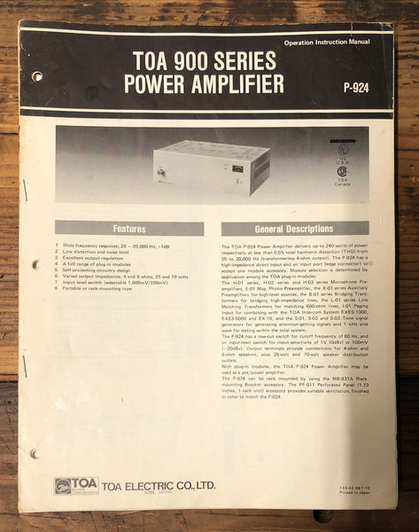 TOA A-903 -906 -912 Amplifier  Owners Manual & Schematic *Orig*