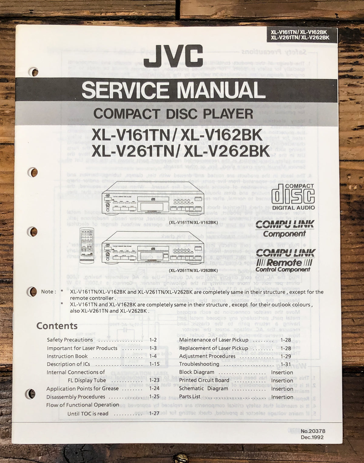 JVC XL-V161 -V162 -V261 -V262 CD Player Service Manual *Original*