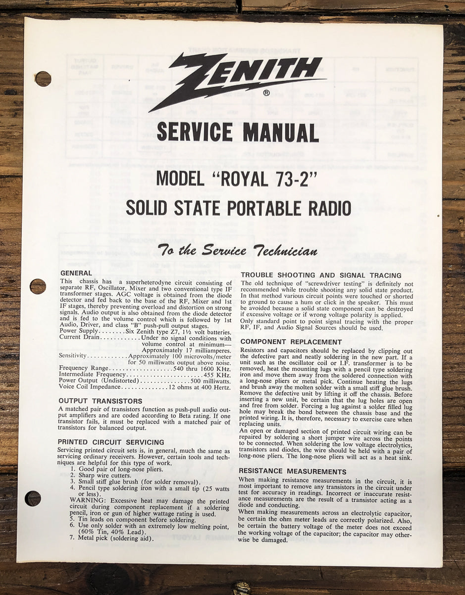Zenith Royal 73-2 Portable Radio Service Manual *Original*