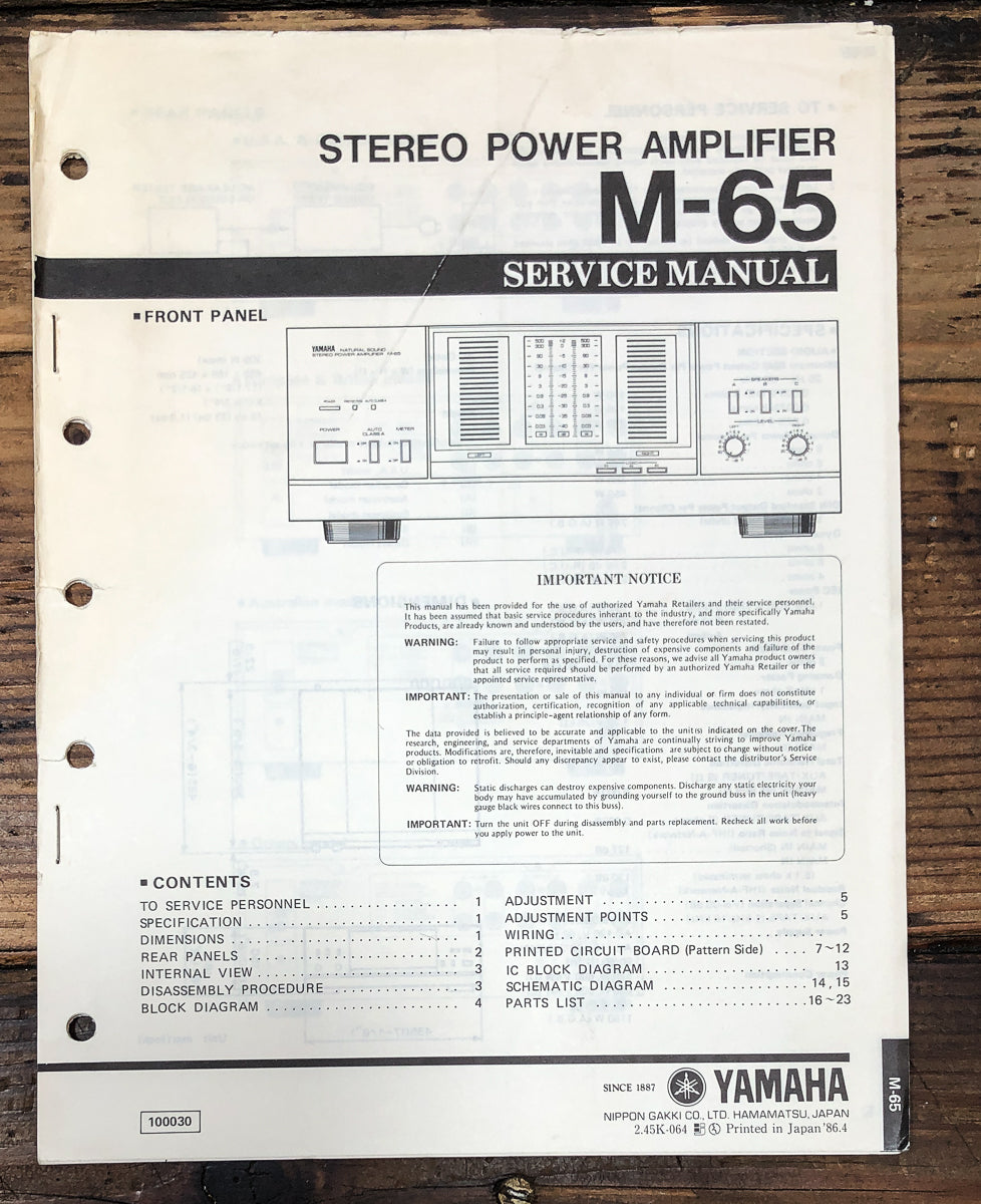 Yamaha M-65 Amplifier Service Manual *Original*