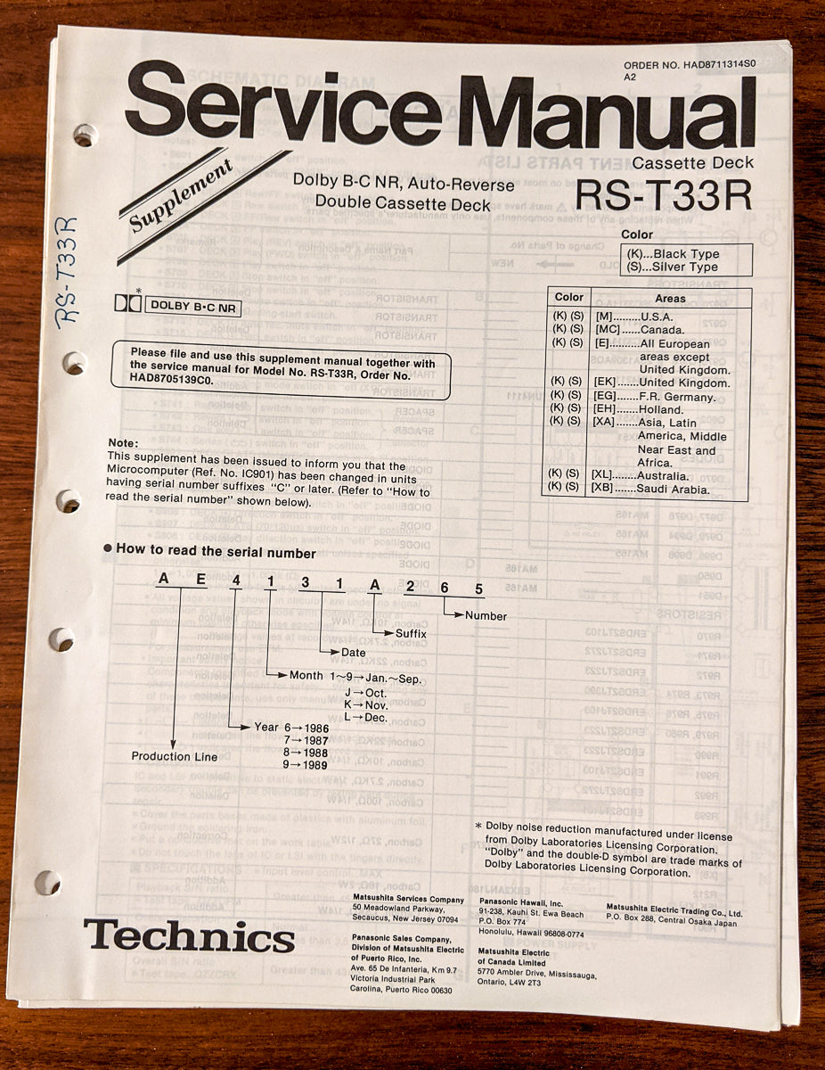 Panasonic RX-T33R Radio Cassette Service Manual Supplement *Original*
