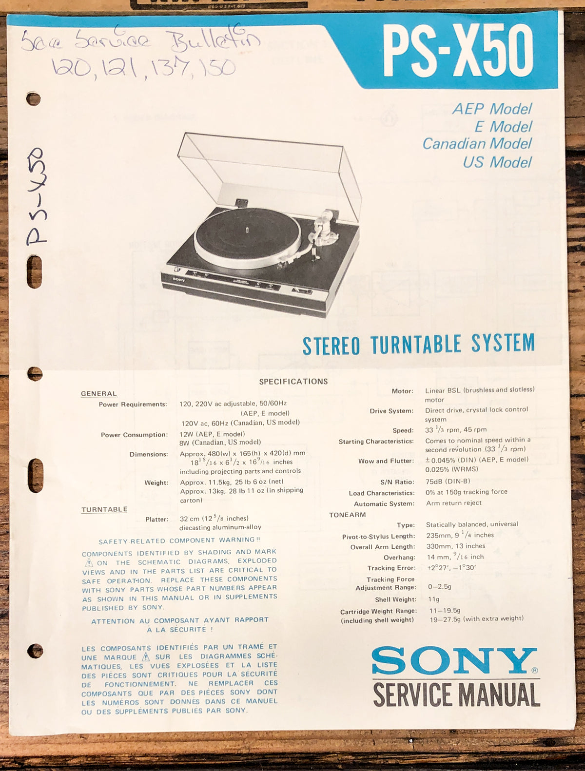 Sony PS-X50 Record Player / Turntable Service Manual *Original*