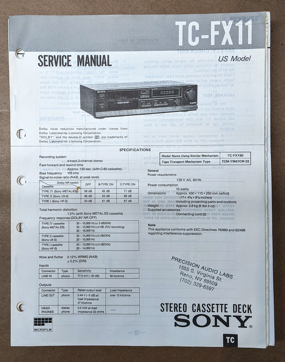 Sony TC-FX11 Cassette Service Manual *Original*