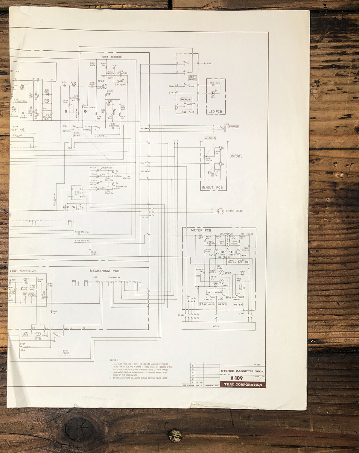 Teac A-109 Cassette Fold Out Schematic *Original* #2