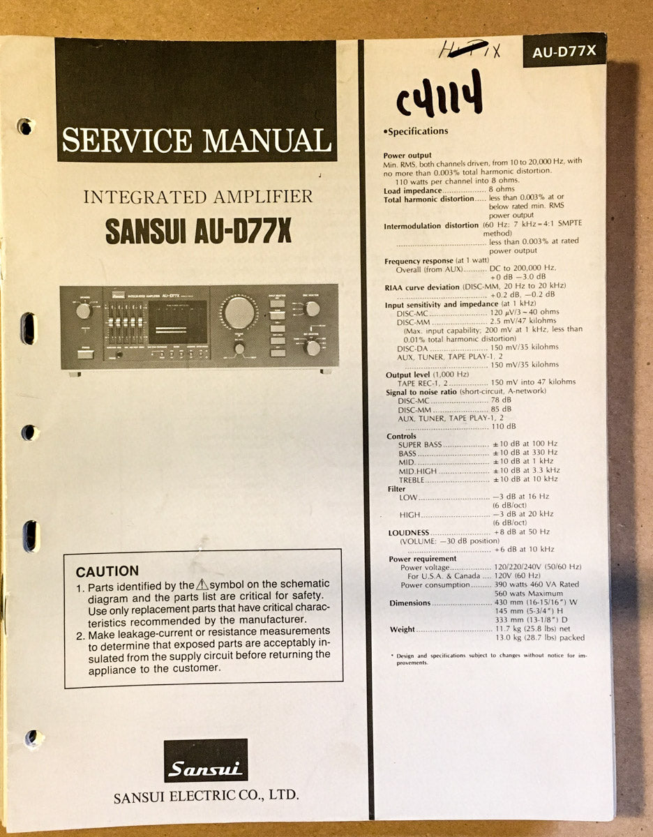 Sansui AU-D77X Amplifier Service Manual *Original*