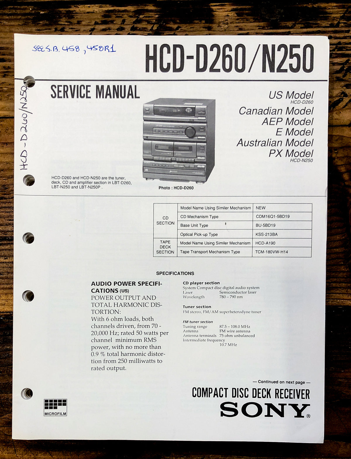 Sony HCD-D260 HCD-N250 Stereo Service Manual *Original*