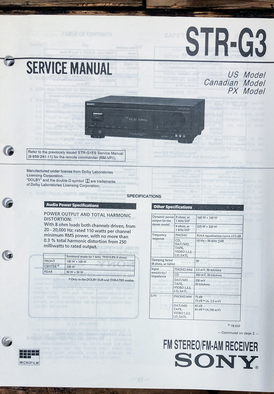 Sony STR-G3 Receiver Service Manual *Original*