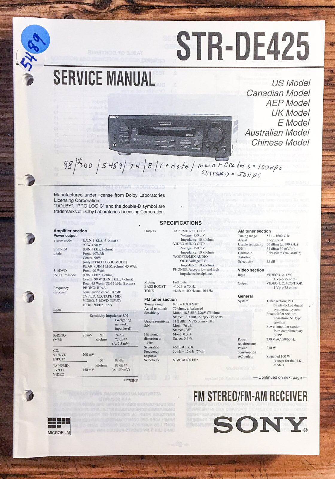 Sony STR-DE425 Receiver Service Manual *Original*