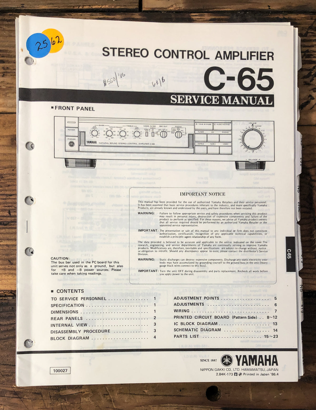 Yamaha C-65 Preamp / Preamplifier Service Manual *Original*