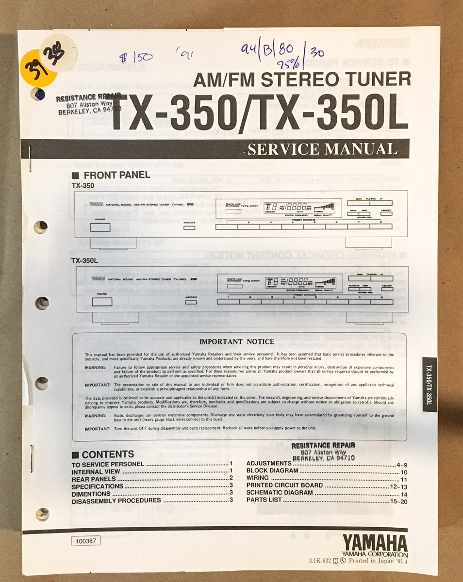 Yamaha TX-350 TX-350L Tuner Service Manual *Original*