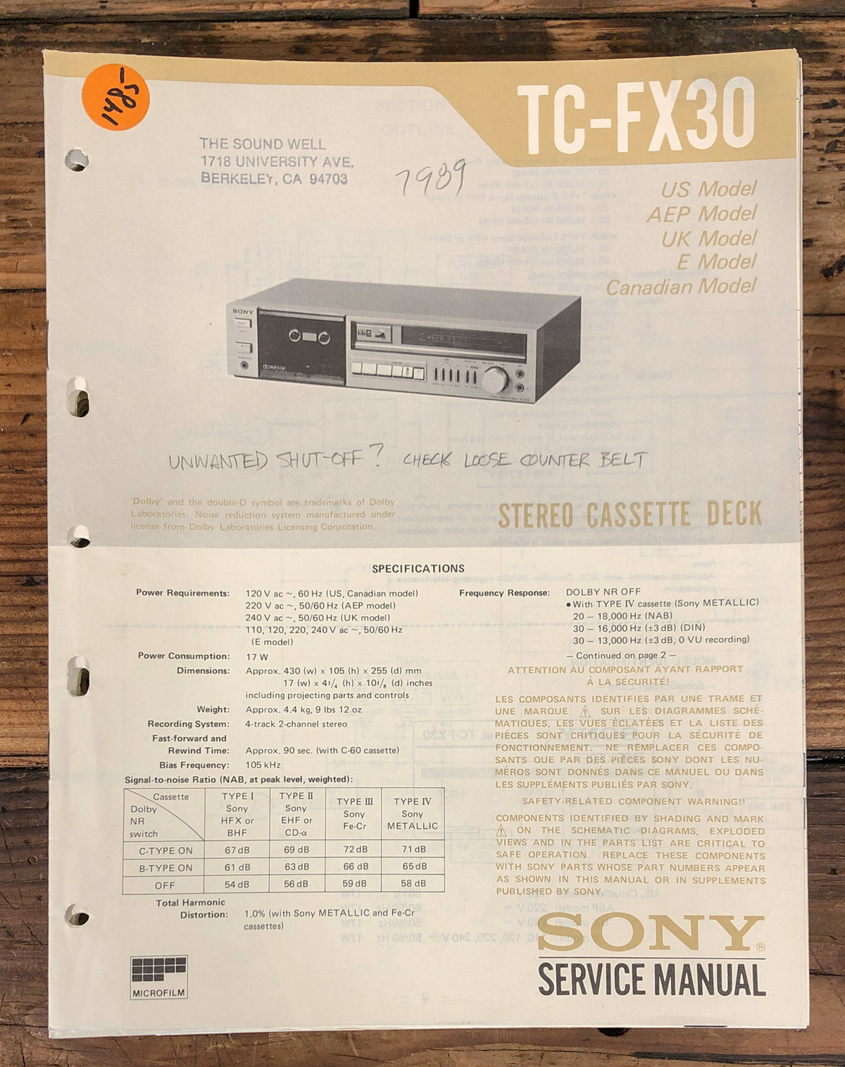 Sony TC-FX30 Cassette Service Manual *Original*