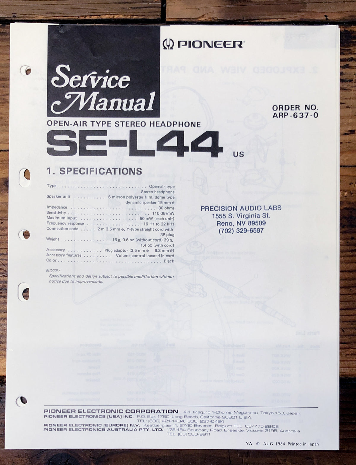 Pioneer SE-L44 Headphones Service Manual *Original*