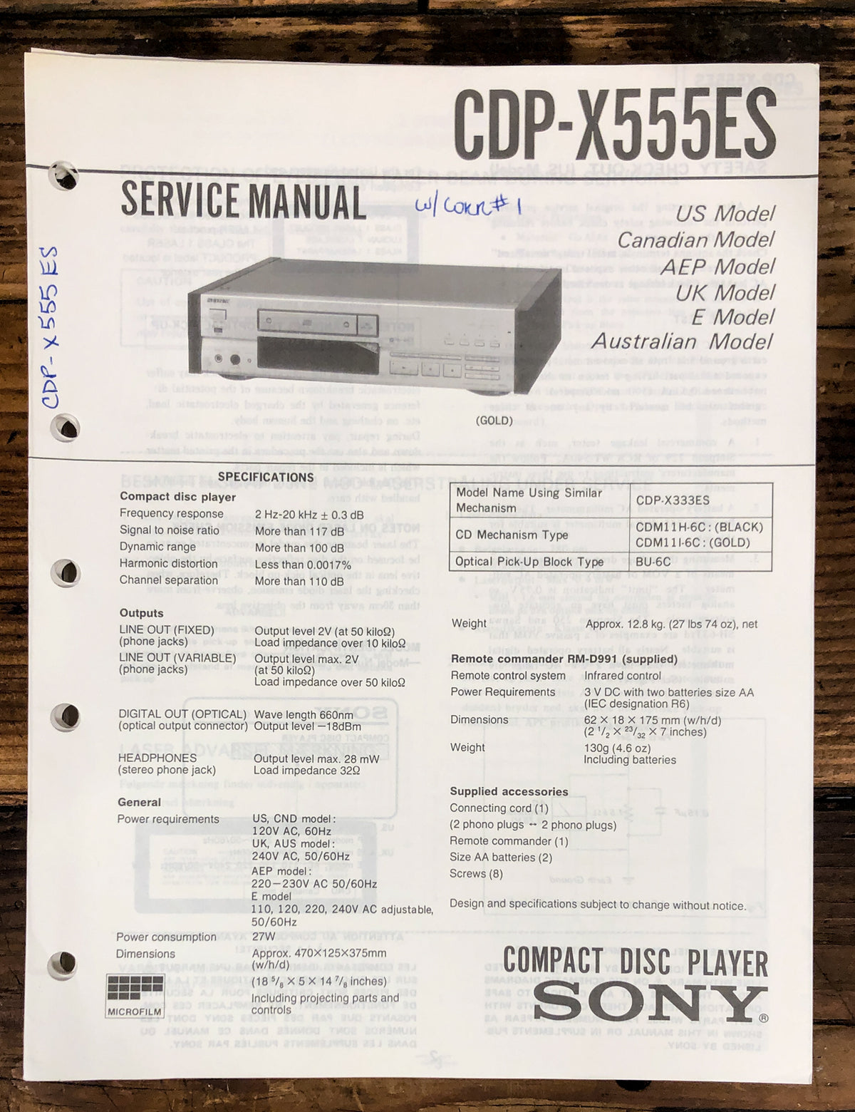 Sony CDP-X555ES CD Player Service Manual *Original*