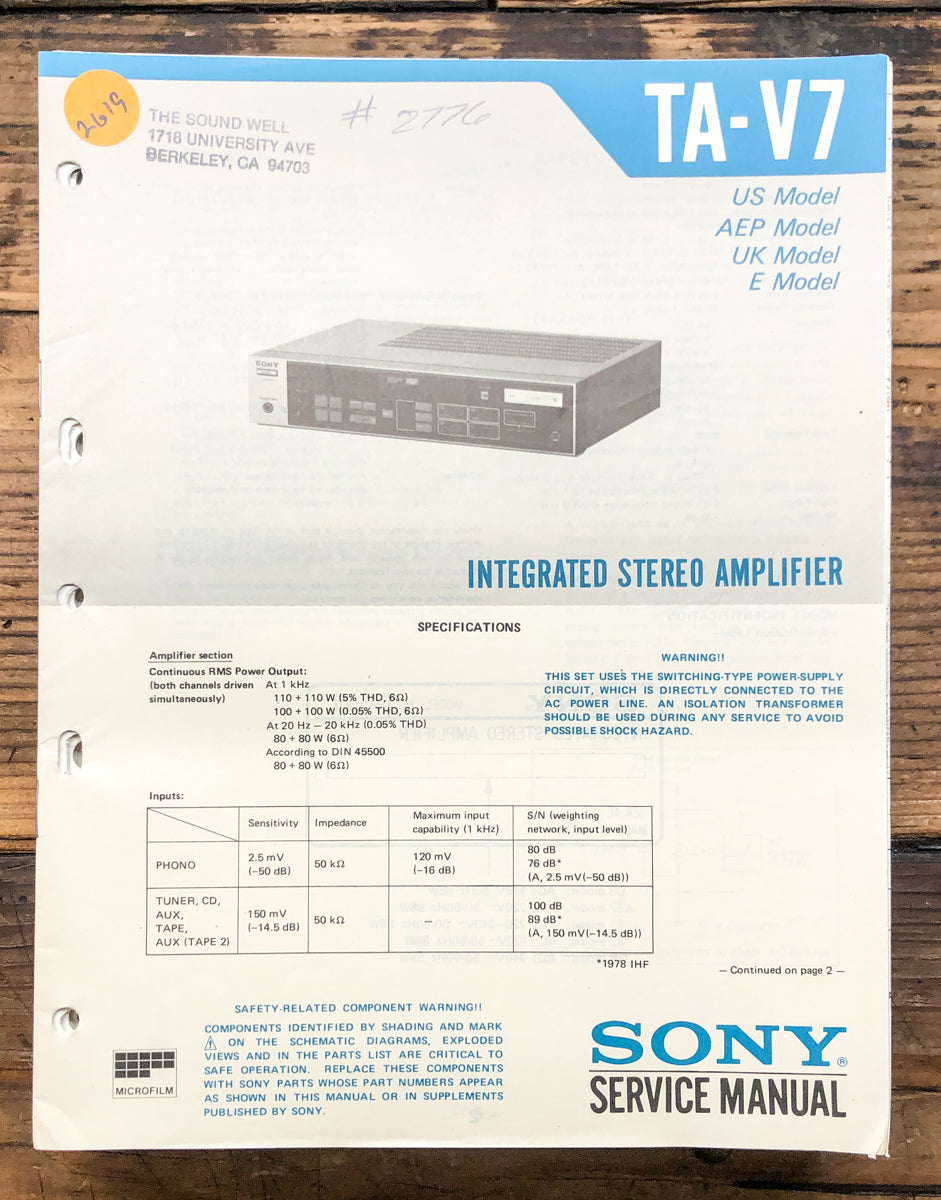 Sony TA-V7 Amplifier Service Manual *Original*