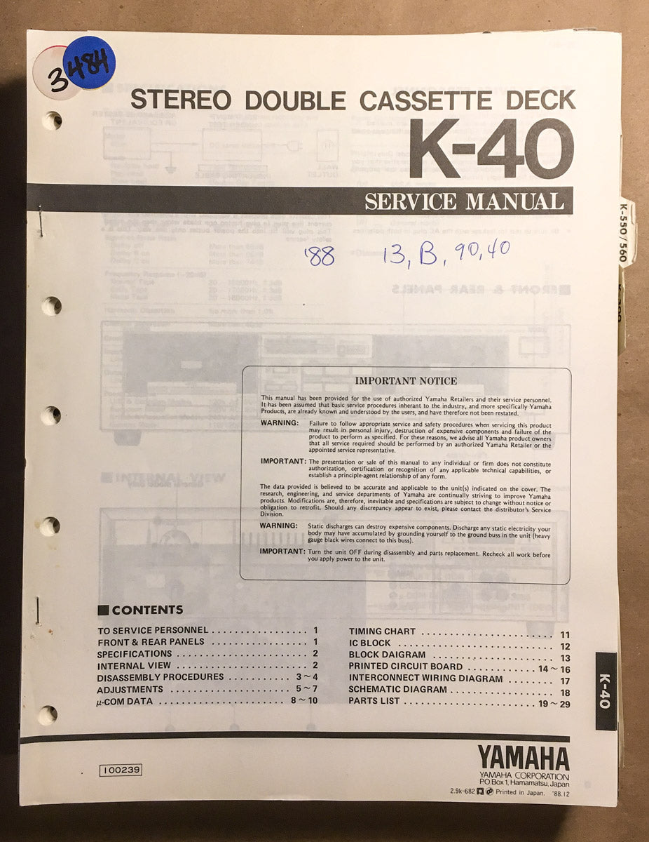 Yamaha K-40 Cassette Service Manual *Original*