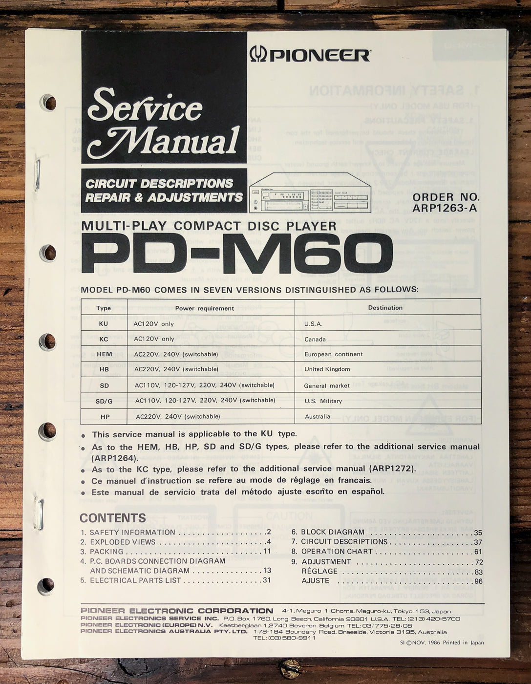 Pioneer PD-M60 CD Changer Service Manual *Original*