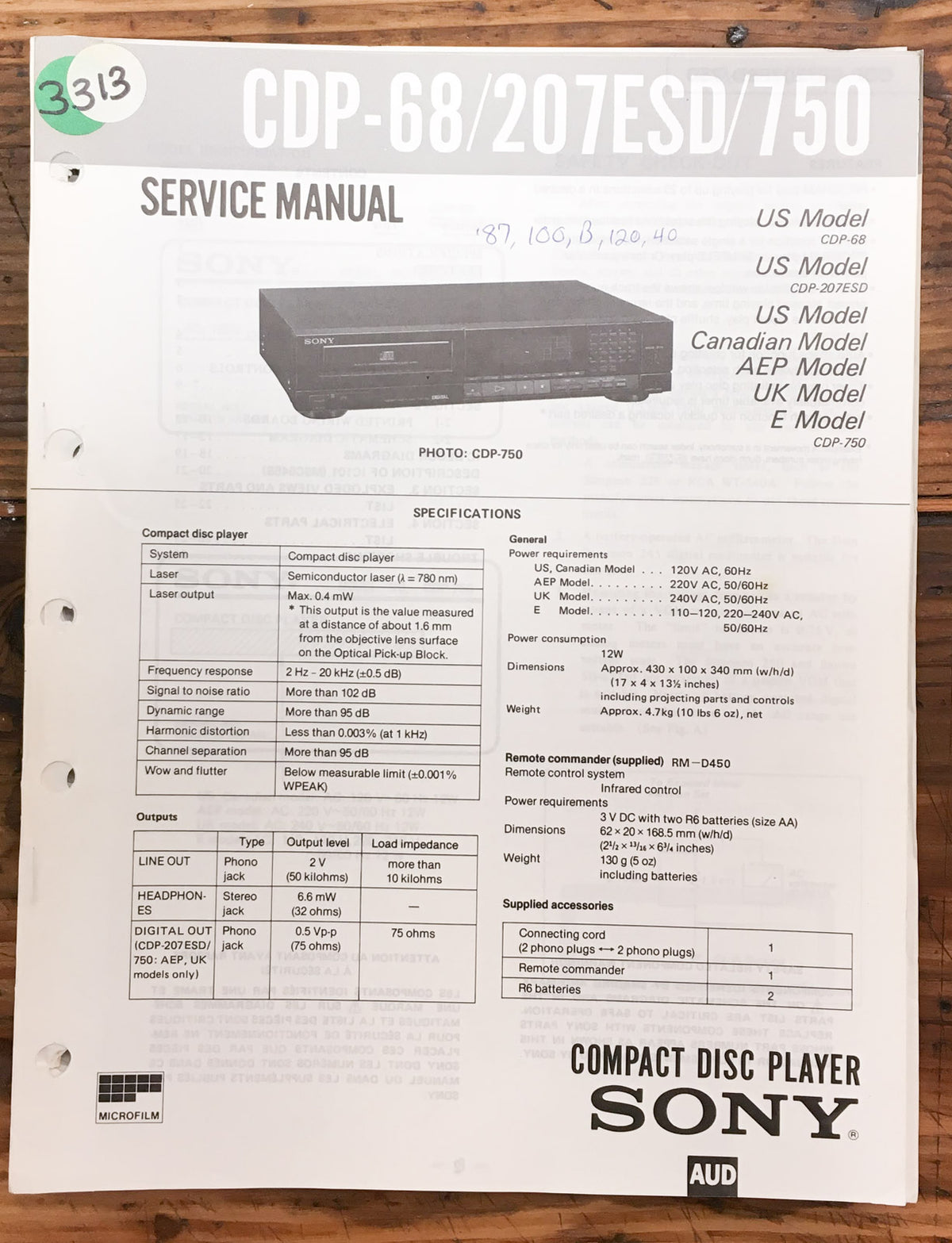 Sony CDP-68 CDP-207ESD CDP-750 CD Player Service Manual *Original*