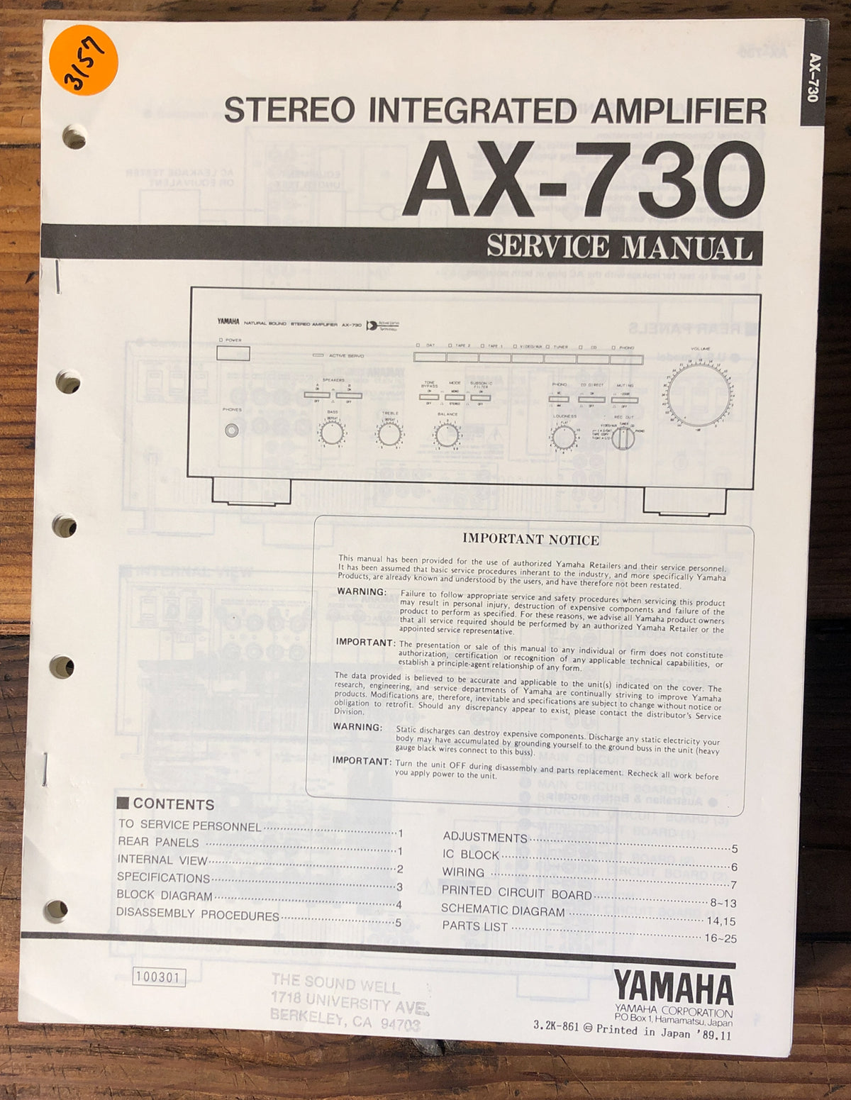 Yamaha AX-730 Amplifier Service Manual *Original*