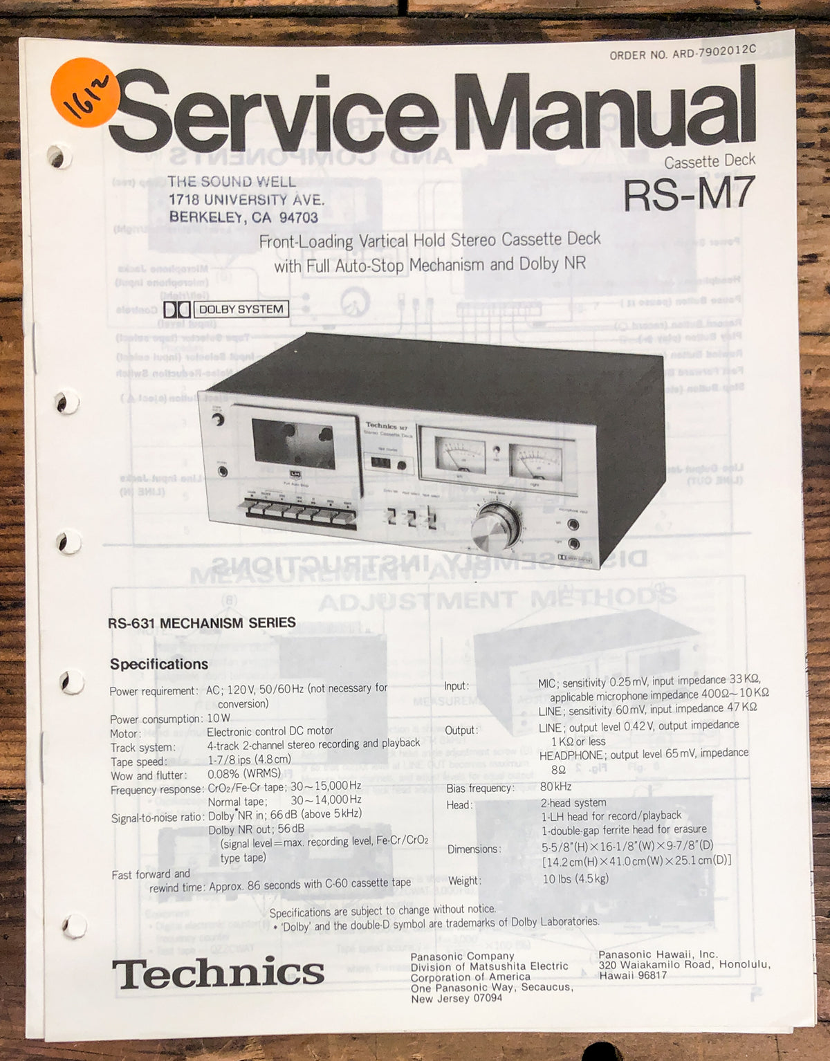 Technics RS-M7 Cassette Service Manual *Original*