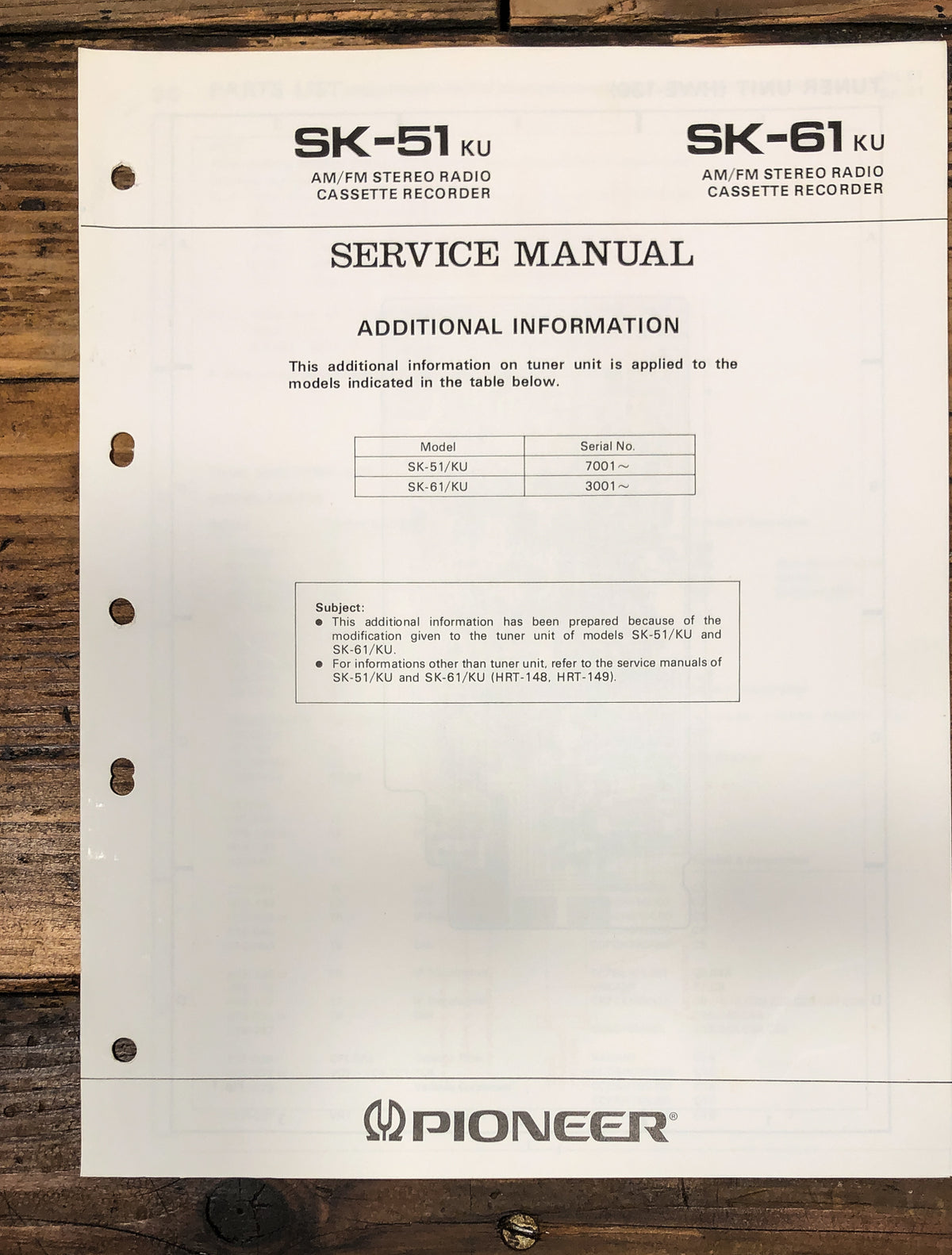 Pioneer SK-51 SK-61 Radio Cassette Add.Service Manual *Original*