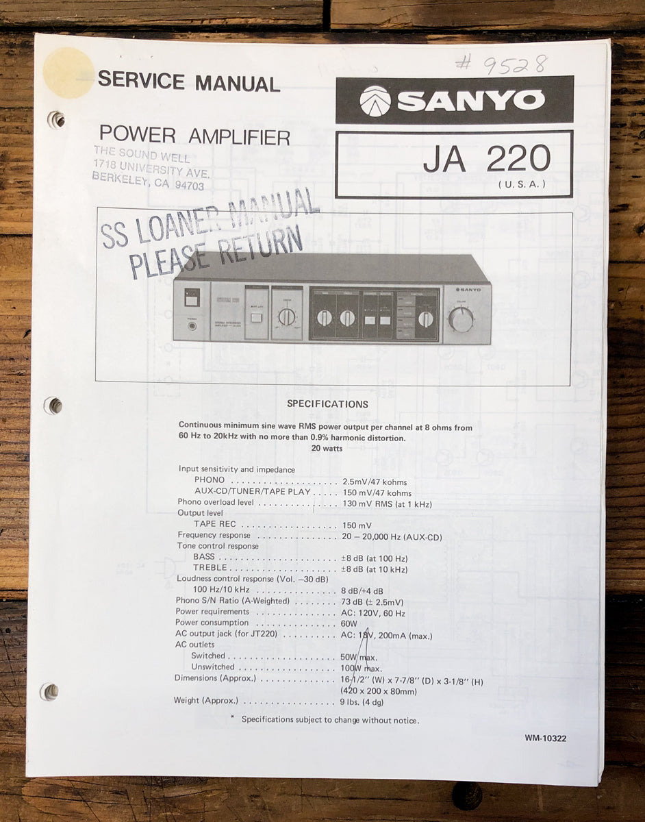 Sanyo JA220 JA-220 Amplifier Service Manual *Original*