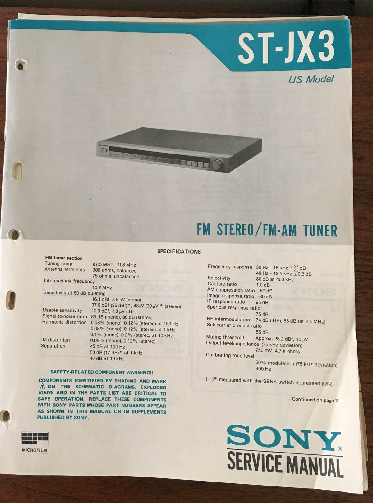 Sony ST-JX3 Tuner Service Manual *Original*