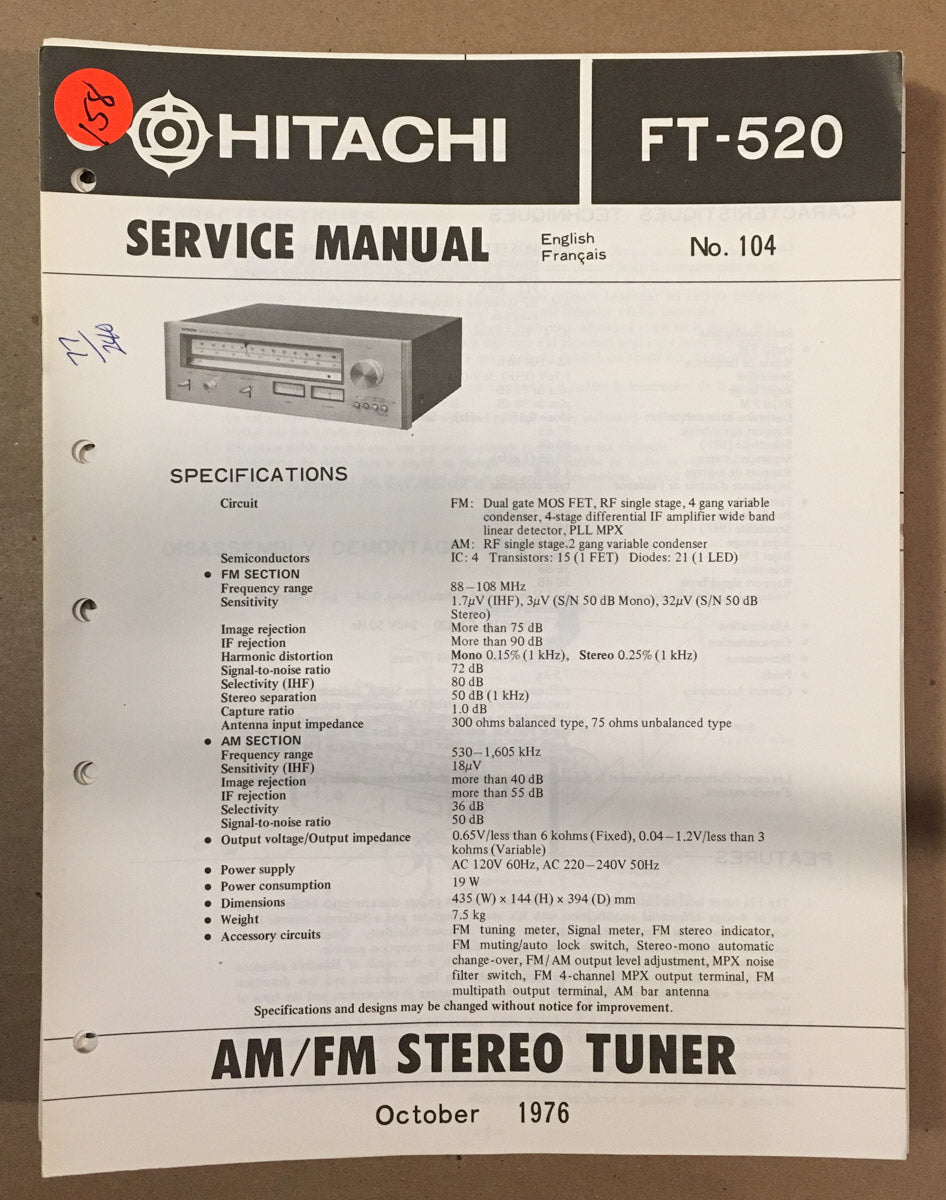 Hitachi FT-520 Tuner Service Manual *Original*