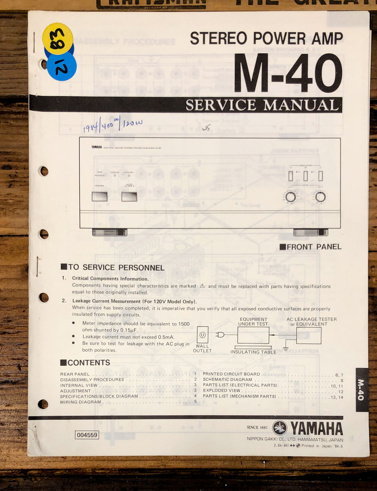 Yamaha M-40 Amplifier Service Manual *Original*