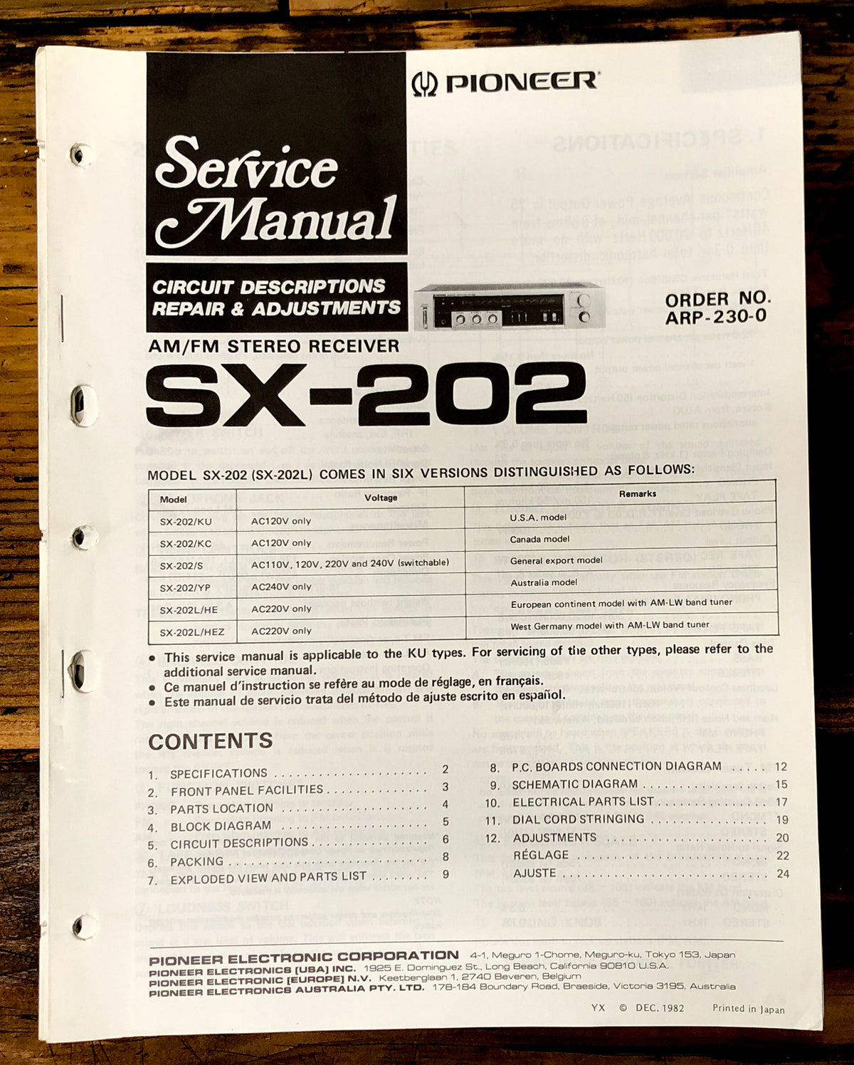 Pioneer SX-202 Receiver Service Manual *Original*