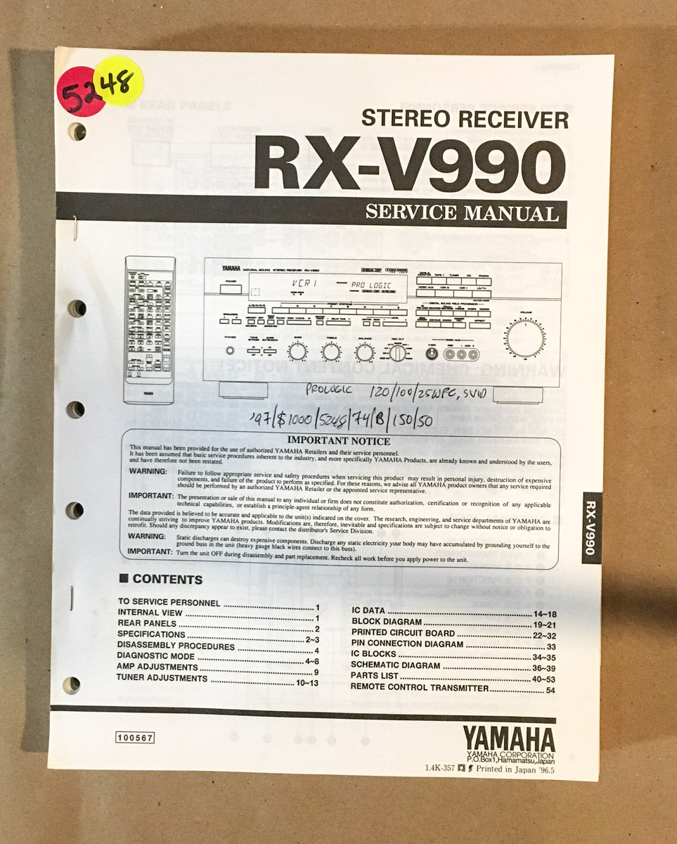 Yamaha RX-V990 Receiver Service Manual *Original*