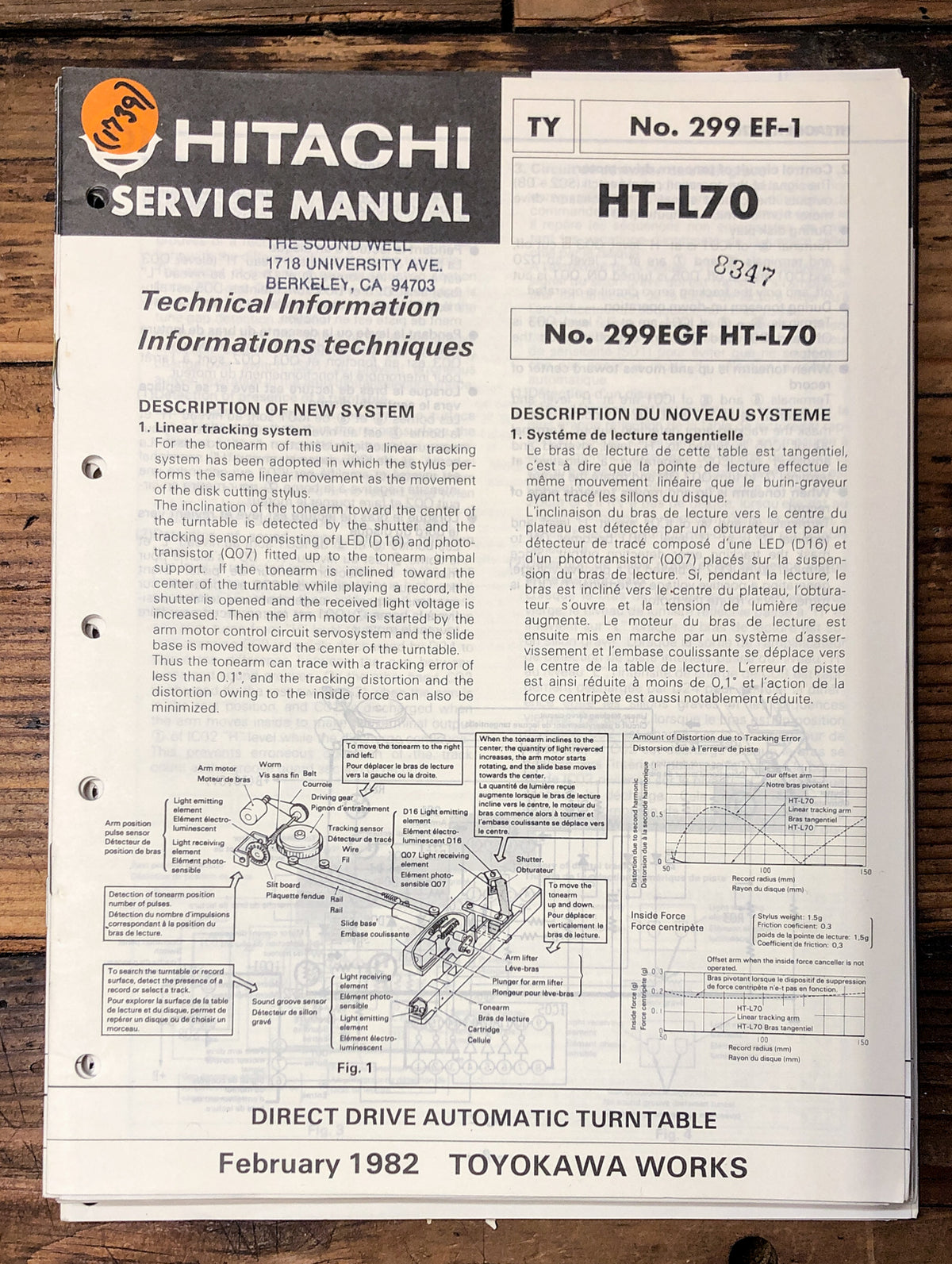 Hitachi HT-L70 Record Player / Turntable Service Manual *Original*