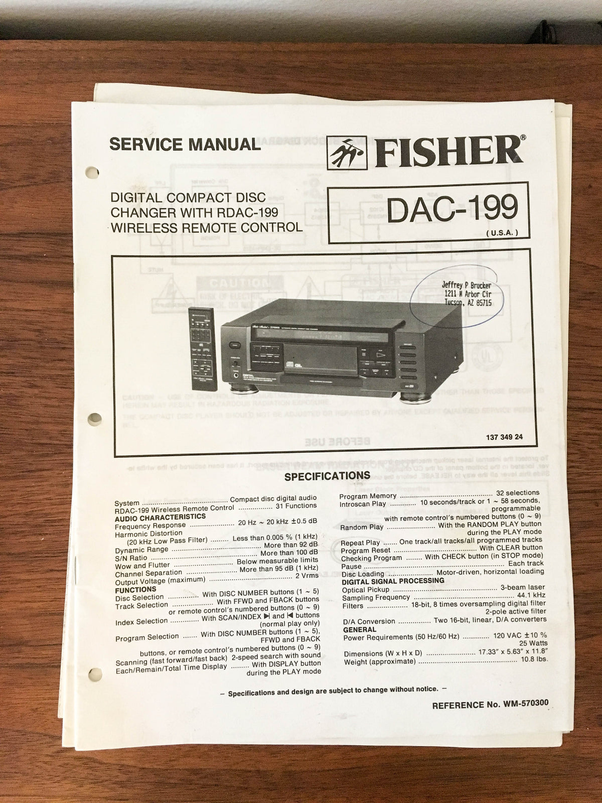 Fisher DAC-199 CD Player Service Manual *Original*
