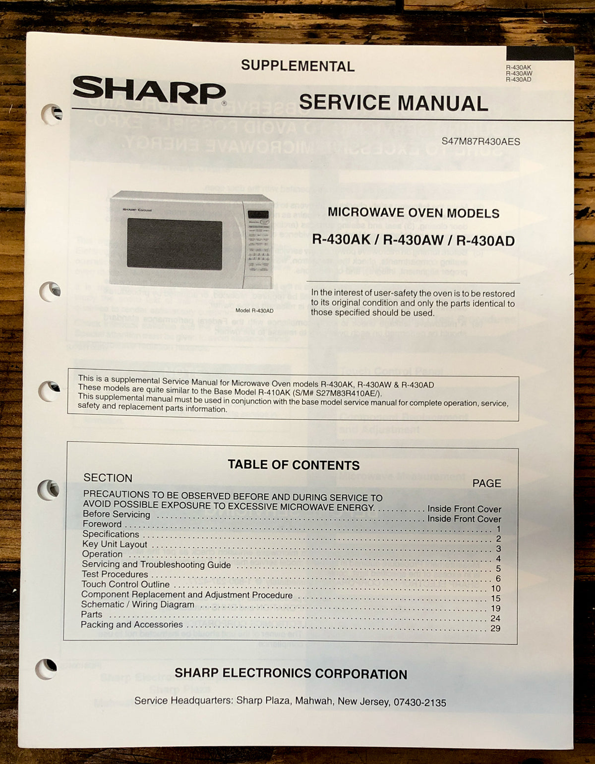 Sharp R-430AK -430AW -430AD Microwave Service Manual *Original*