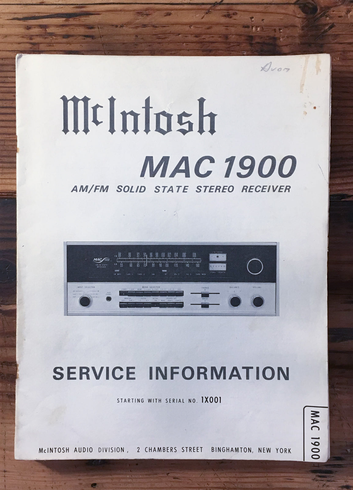 Mcintosh MAC 1900 Receiver Service Manual *Original*