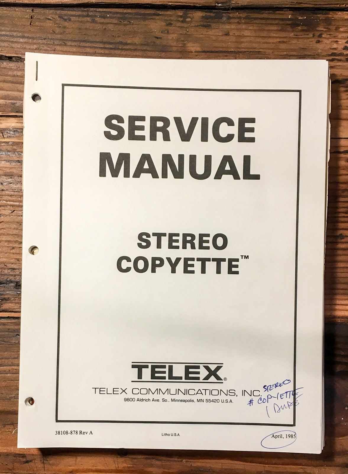 Telex Stereo Copyette Tape Duplicator Service Manual *Original*