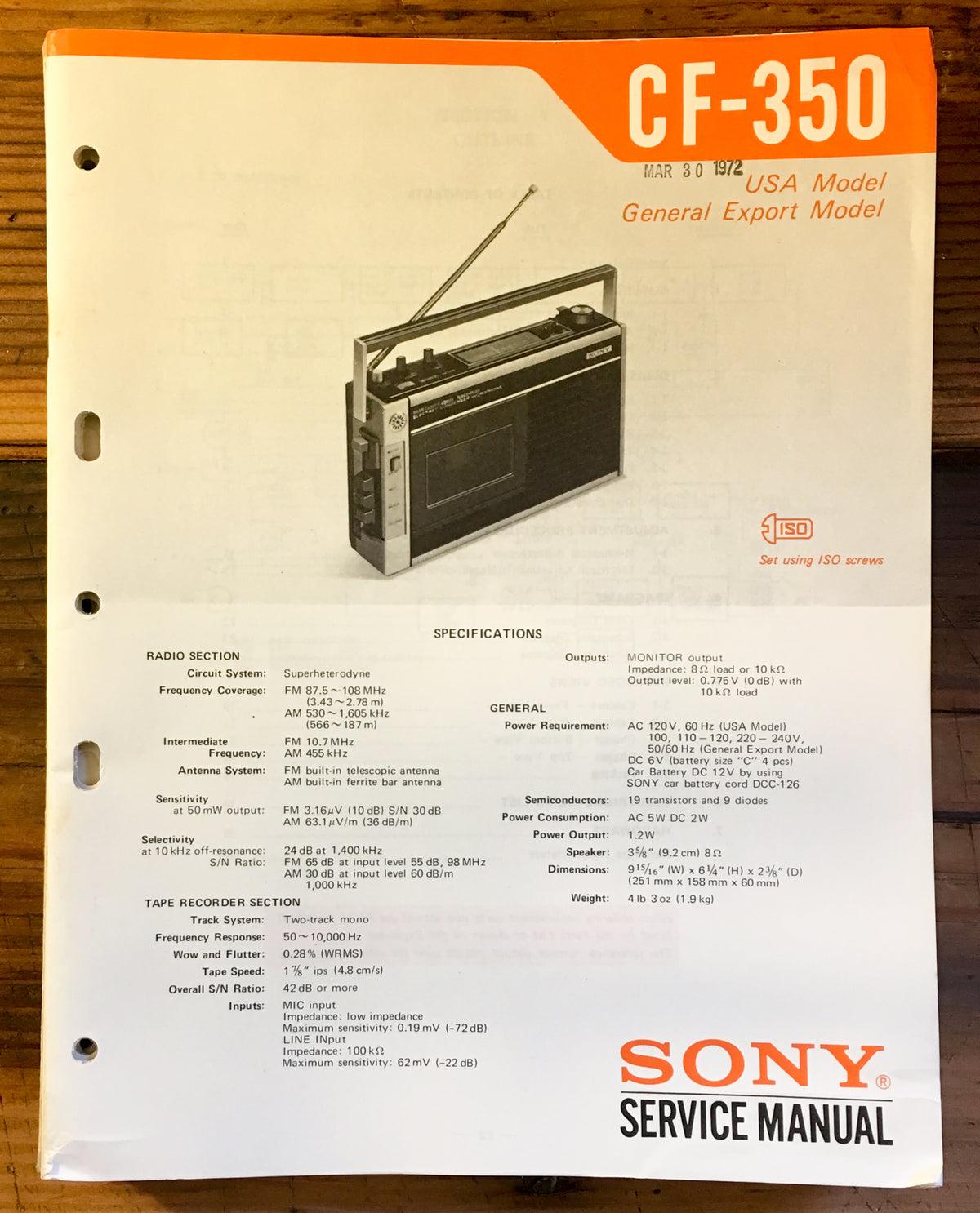 Sony CF-350 Radio Service Manual *Original*
