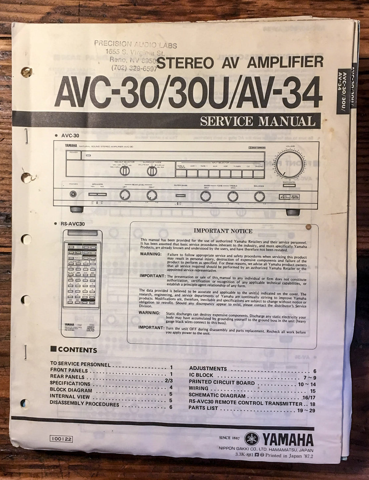 Yamaha AVC-30 AVC-30U AVC-34 AV Amplifier Service Manual *Original*