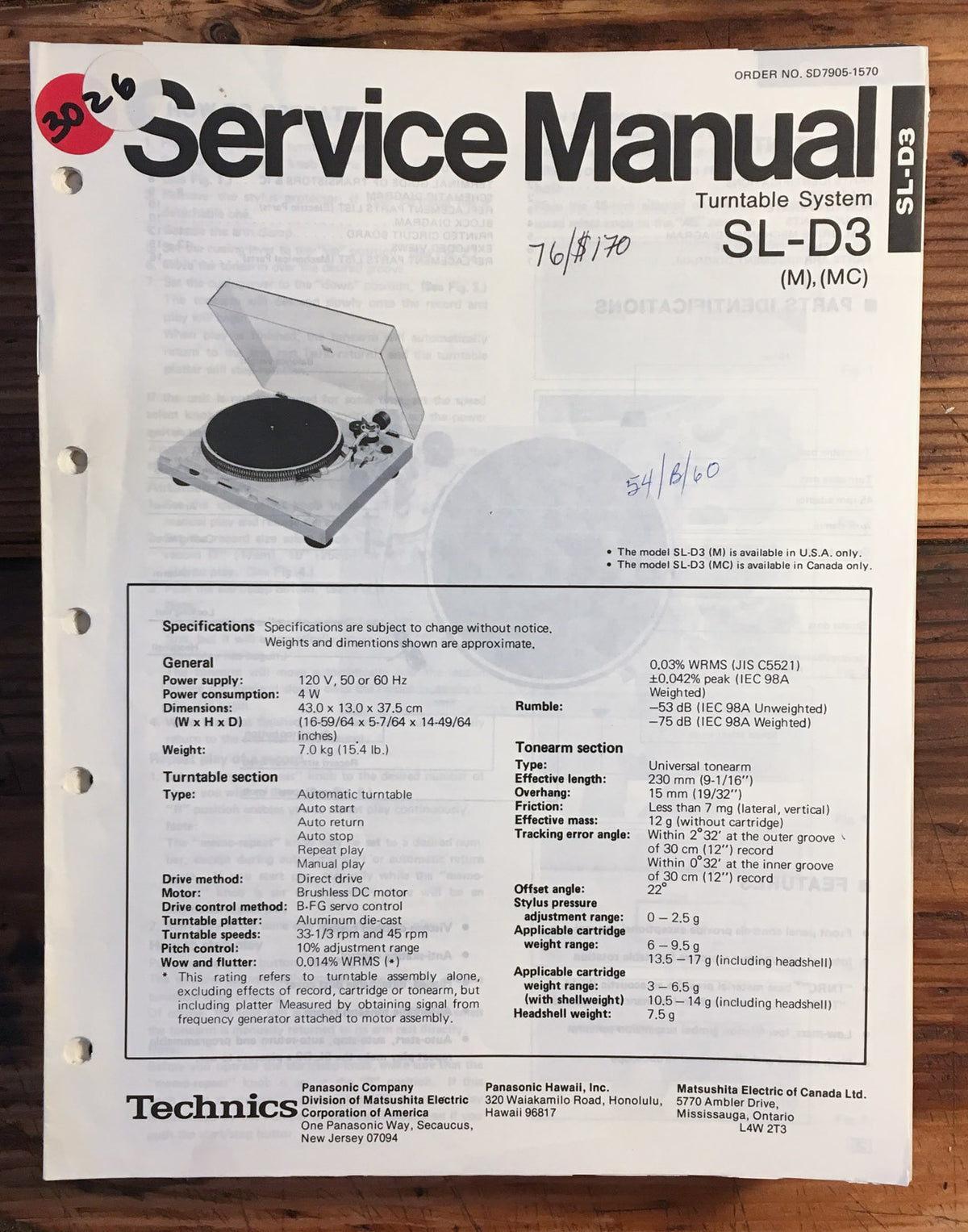 Technics SL-D3 Turntable / Record Player Service Manual *Original*