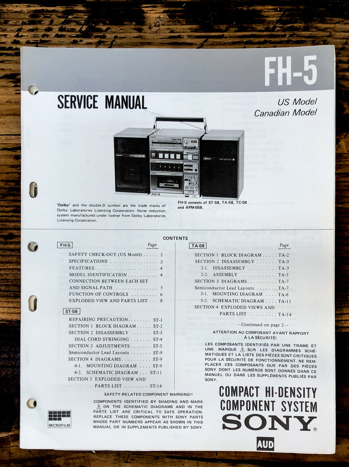 Sony FH-5 Stereo Service Manual *Original*