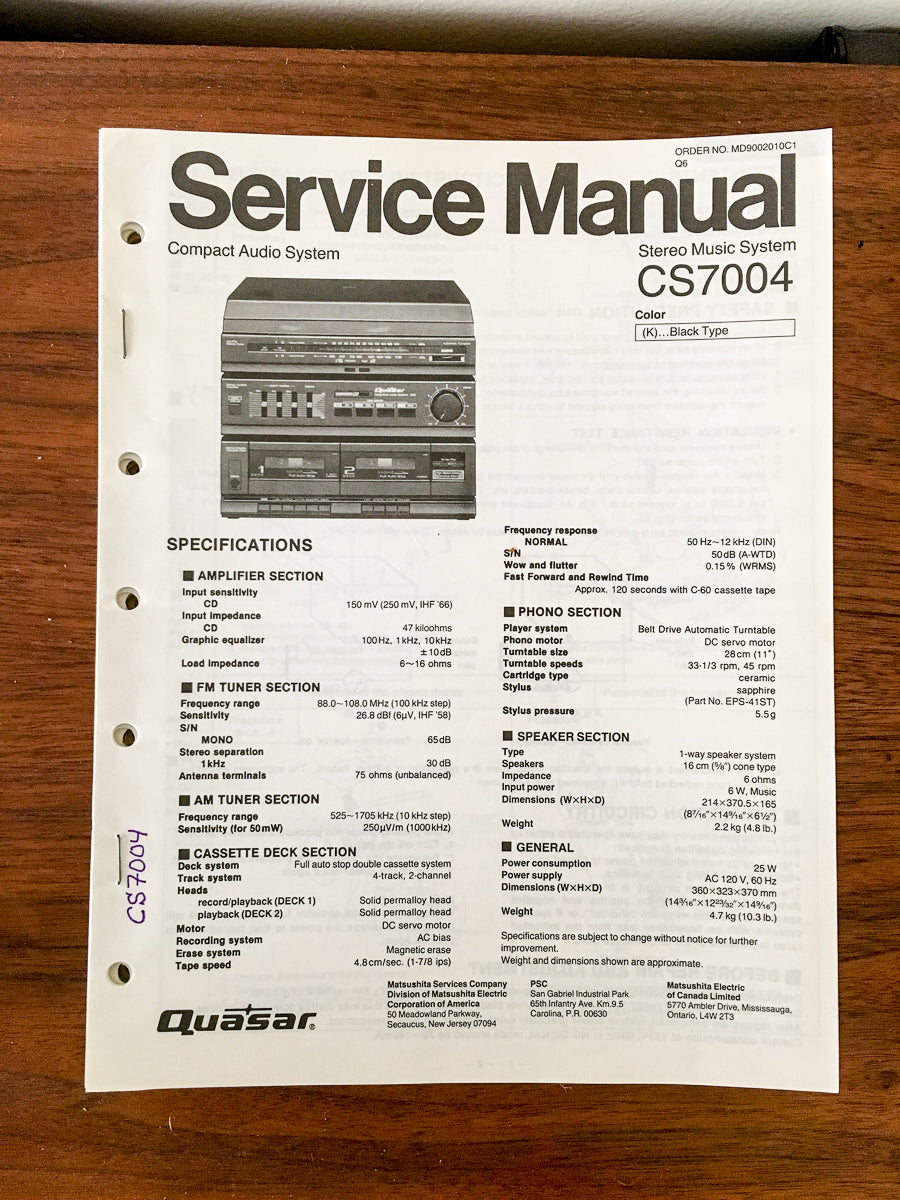 Quasar / Technics CS7004 CS-7004 Stereo Service Manual *Original*
