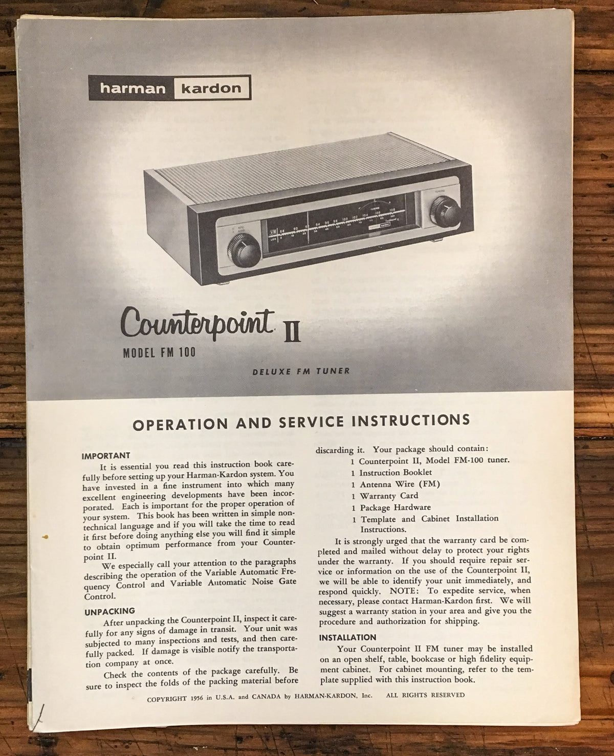Harmon Kardon FM-100 CounterPoint II Tuner User & Service Manual *Original*