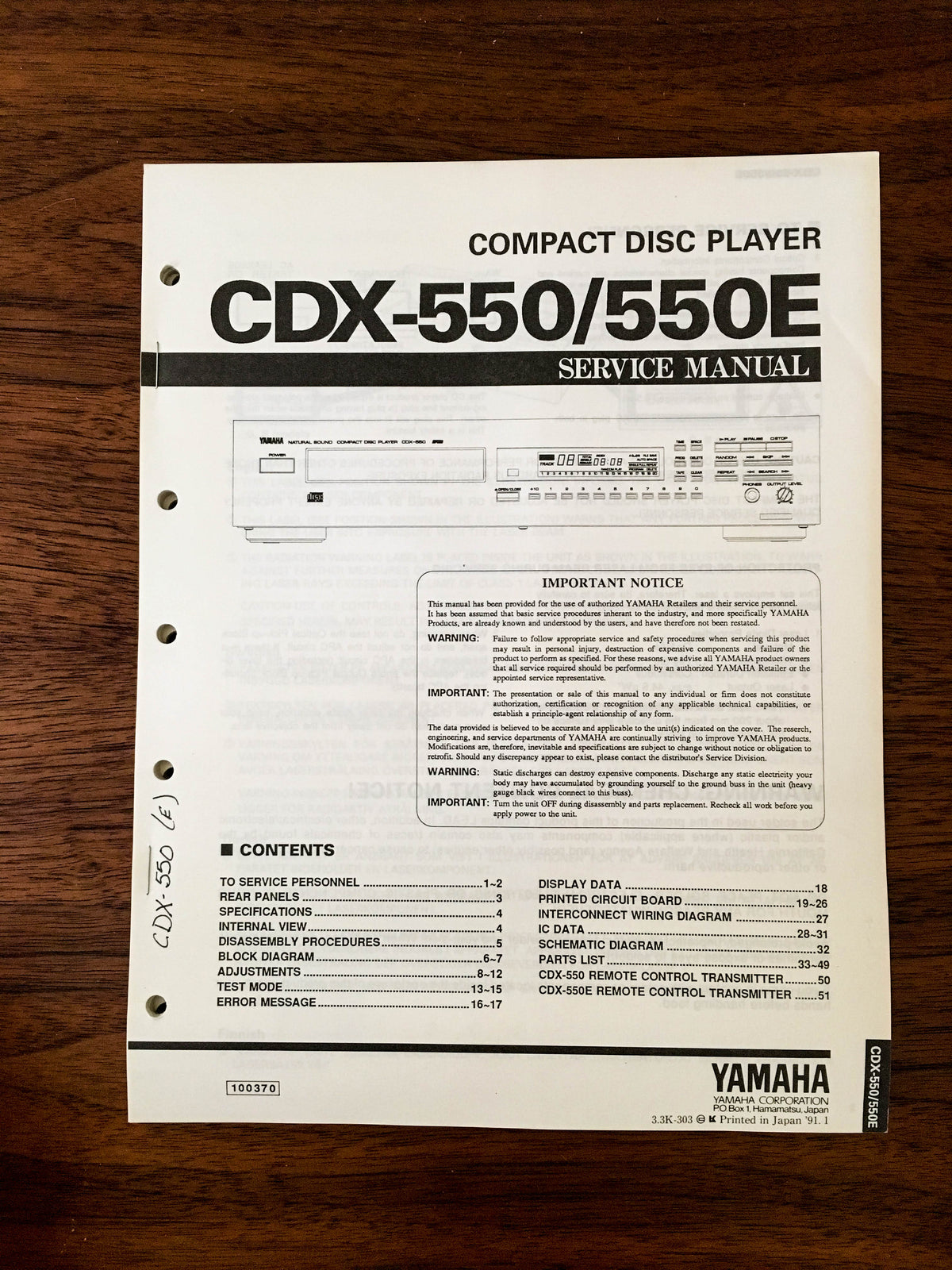 Yamaha CDX-550 CDX-550E CD PLAYER Service Manual *Original*