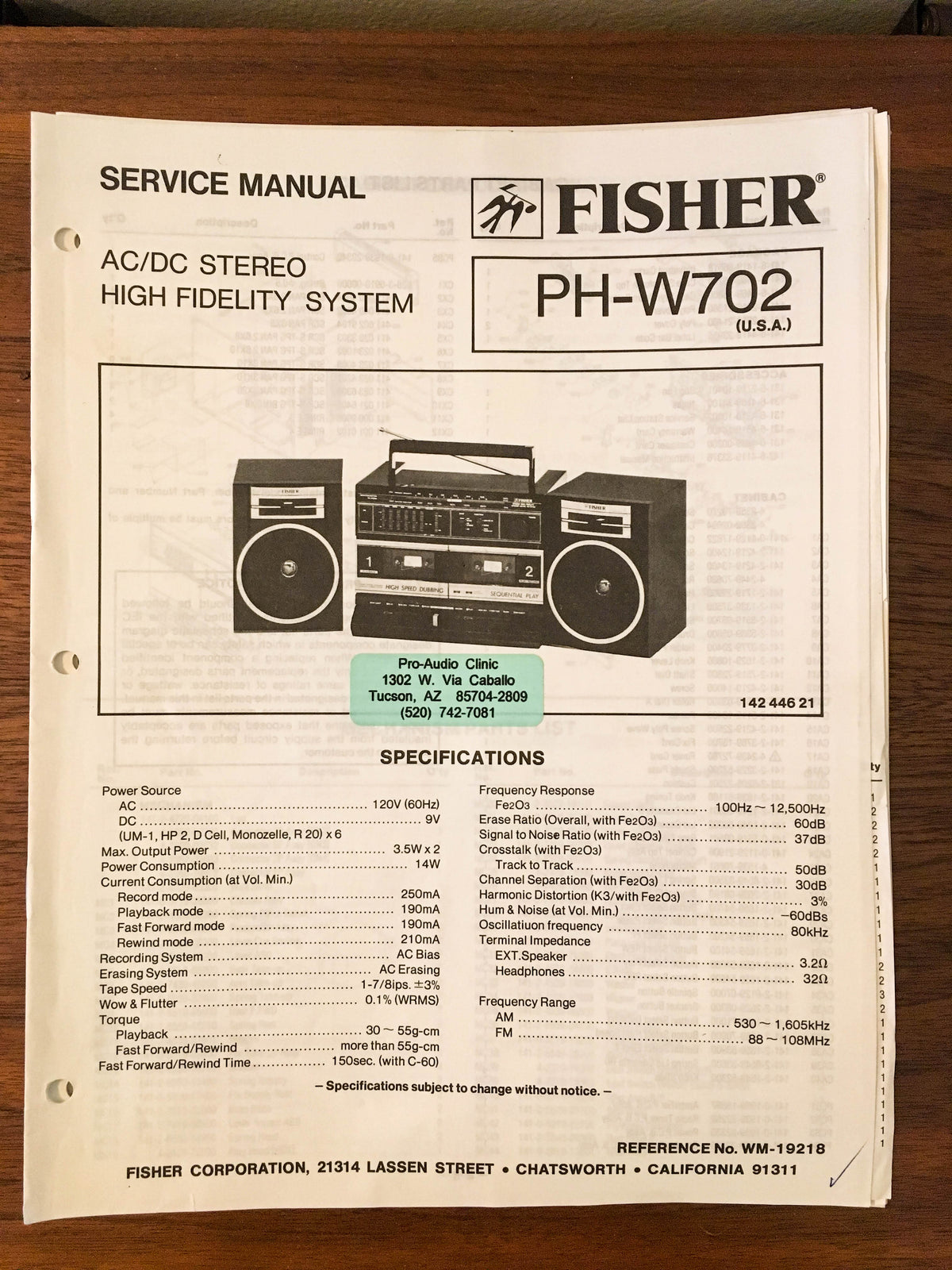 Fisher PH-W702 Boombox Radio Service Manual *Original*