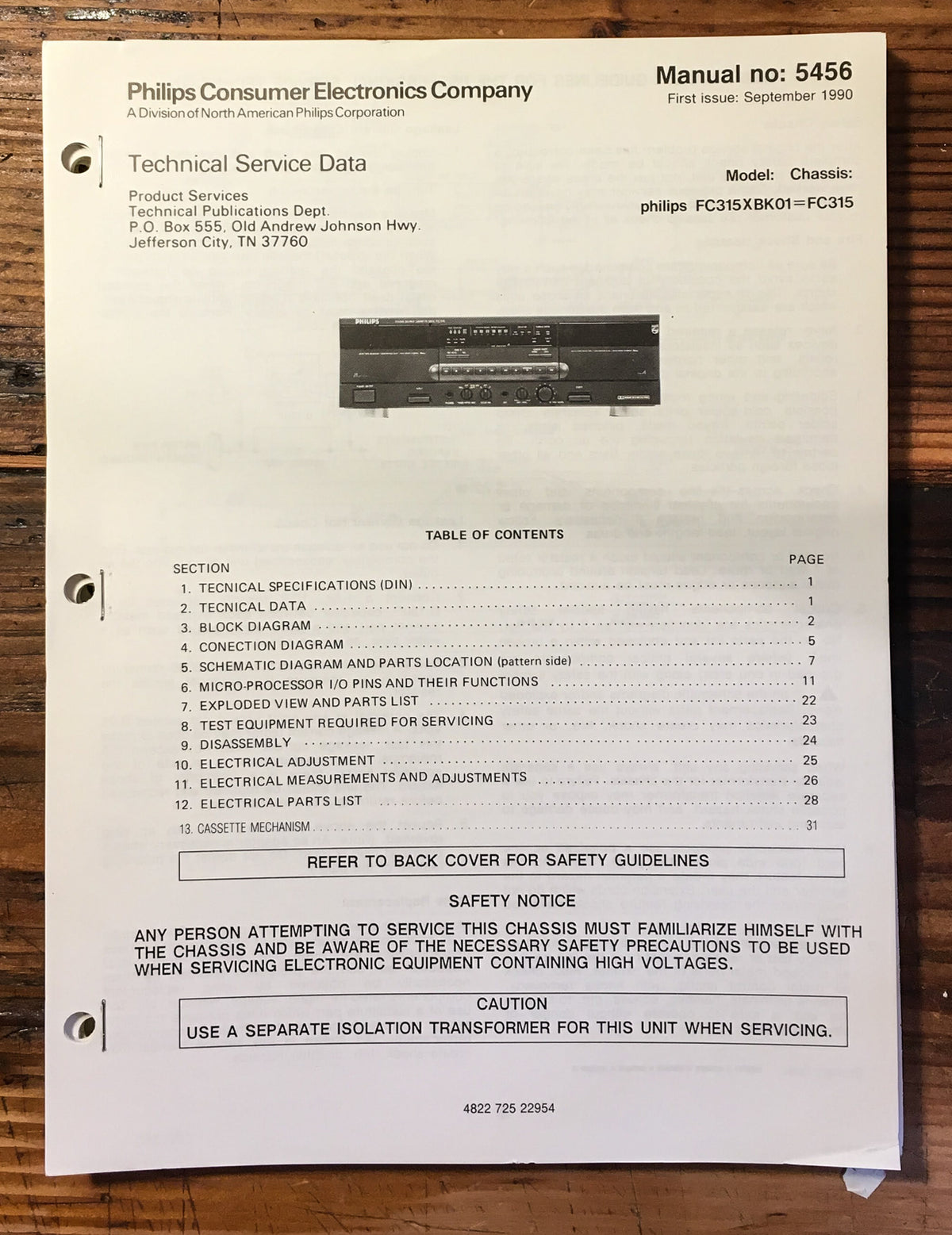Philips FC315 FC-315 Cassette Service Manual *Original*